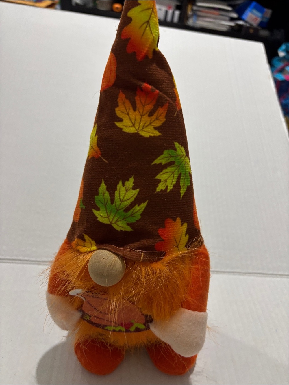 Autumn Leaf Gnome Plush Figurine - Brown Hat, Orange Body